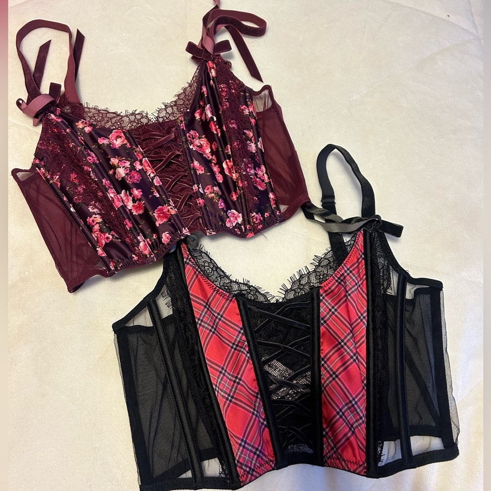 Victoria's Secret Floral and Plaid Lace Bralettes - Red and Black